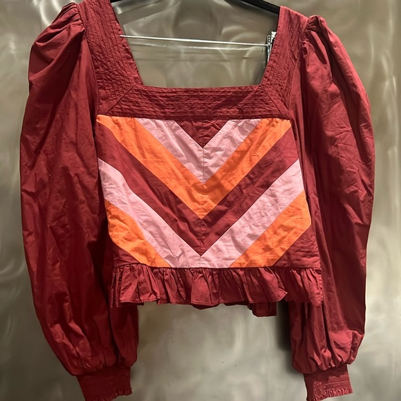 Anthropologie Love the Label Puff Sleeve Maroon Corset Chevron Detail Sz S - Picture 3 of 12